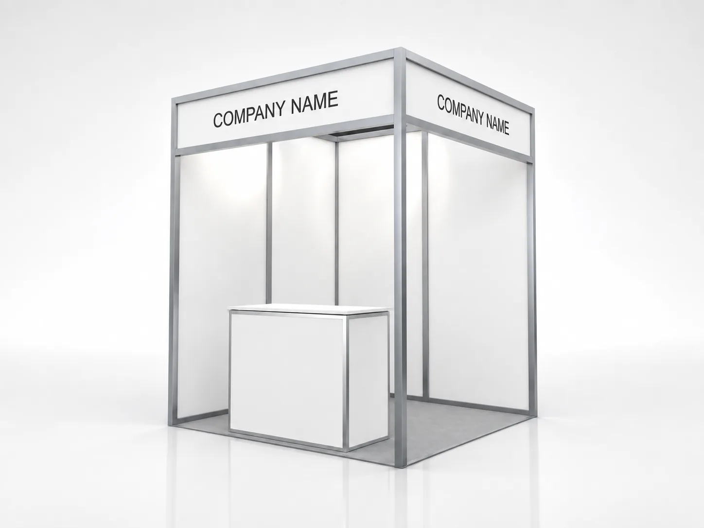 2x2 exhibition booth mockup with fascia and furniture